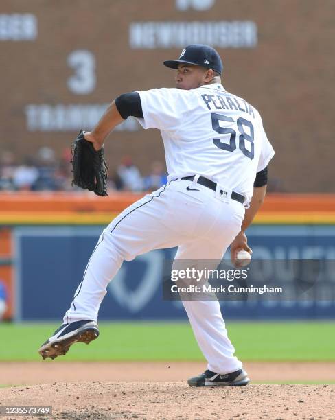 Wily Peralta of the Detroit Tigers pitches during the game against the Kansas City Royals at Comerica Park on September 26, 2021 in Detroit,...