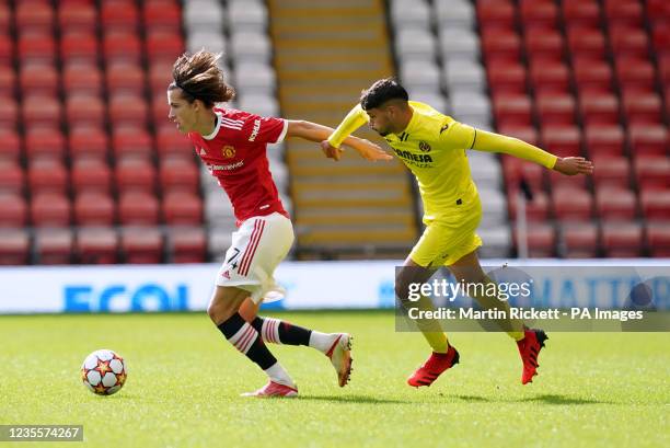 Manchester United's Alvaro Fernandez and Villareal's Antonio Pacheco Ruiz battle for the ball during the UEFA Youth League, Group F match at Leigh...