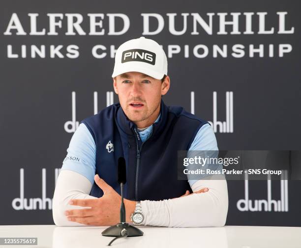 French golfer Victor Perez speaks to press during the Alfred Dunhill Links Championship Practice Day at the Old Course, on Sepetember 29 in St...