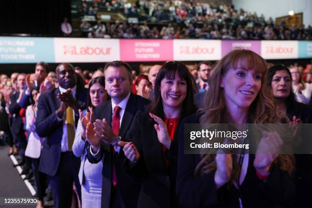 Members of the shadow cabinet, including Angela Rayner, deputy leader of the Labour Party right, react as Keir Starmer, leader of the Labour Party,...