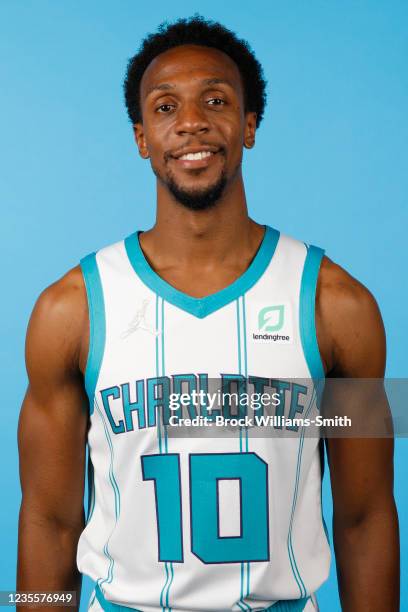 Ish Smith of the Charlotte Hornets poses for a head shot during NBA Media Day in Charlotte, North Carolina on September 27, 2021 at Spectrum Center....