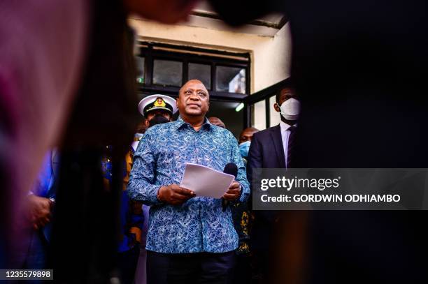 Kenya's President Uhuru Kenyatta speaks after attending an inauguration of Kibra Level 3 hospital in Kibera slum in Nairobi on September 29, 2021.