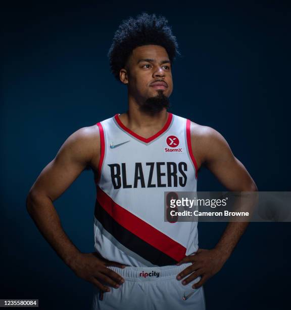 Quinn Cook of the Portland Trail Blazers poses for a portrait during NBA Media Day on September 27, 2021 at the MODA Center in Portland, Oregon. NOTE...