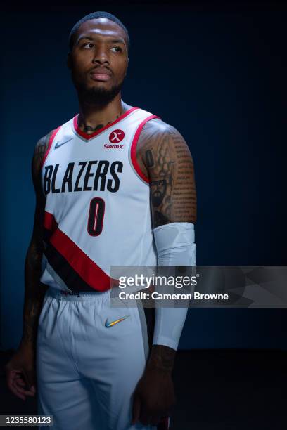 Damian Lillard of the Portland Trail Blazers poses for a portrait during NBA Media Day on September 27, 2021 at the MODA Center in Portland, Oregon....