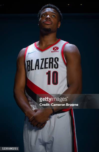 Dennis Smith Jr. #10 of the Portland Trail Blazers poses for a portrait during NBA Media Day on September 27, 2021 at the MODA Center in Portland,...