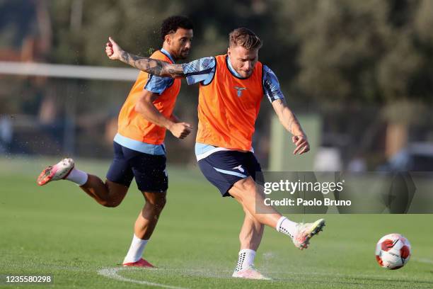 Ciro Immobile in action during SS Lazio training session at formello sport centre on September 29, 2021 in Rome, Italy.