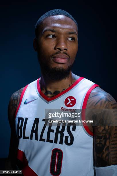 Damian Lillard of the Portland Trail Blazers poses for a portrait during NBA Media Day on September 27, 2021 at the MODA Center in Portland, Oregon....