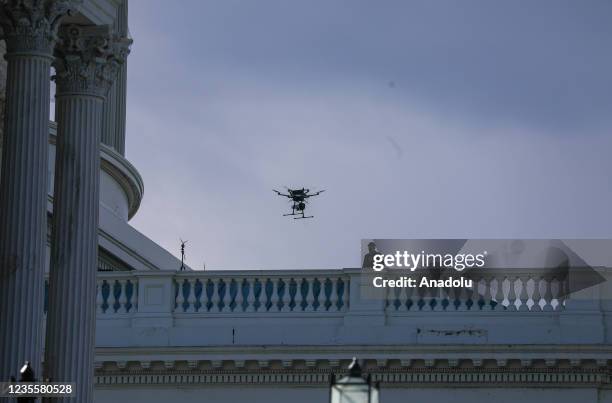 Capitol Police Drone flies over the east side of the US Capitol in the early morning on September 29 in Washington DC, United States.