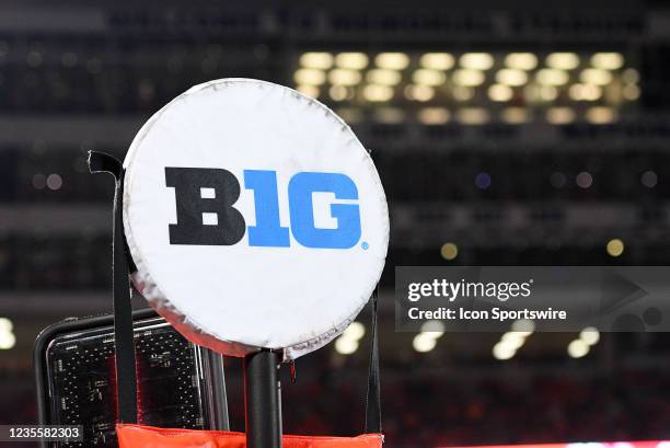 Big Ten logo is seen on a yard marker during the Big Ten Conference college football game between the Maryland Terrapins and the Illinois Fighting...