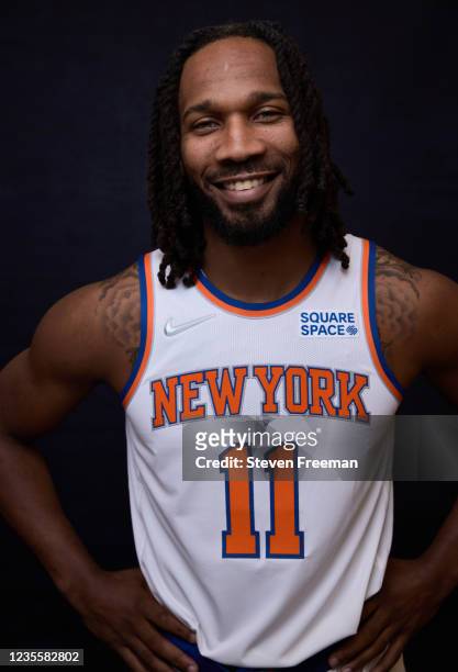 Wayne Selden Jr. #11 of the New York Knicks poses for a portrait during NBA Media Day on September 27, 2021 at the Madison Square Garden Training...