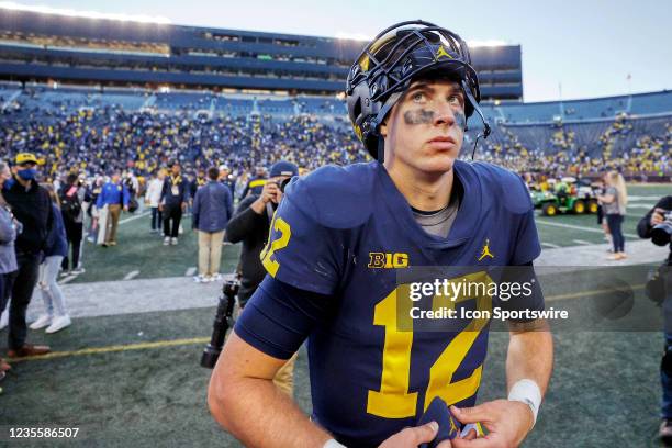 Michigan Wolverines quarterback Cade McNamara leaves the field following a college football game against the Rutgers Scarlet Knights on Sept. 25,...