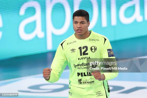 Goalkeeper Emil Kheri Imsgard of Elverum in action during the DELO EHF Champions League group A match between HC PPD Zagreb and Elverum at Arena...