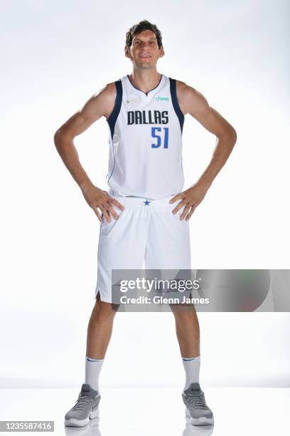 Boban Marjanovic of the Dallas Mavericks poses for a portrait during NBA media Day on September 28, 2021 at American Airlines Center in Dallas,...