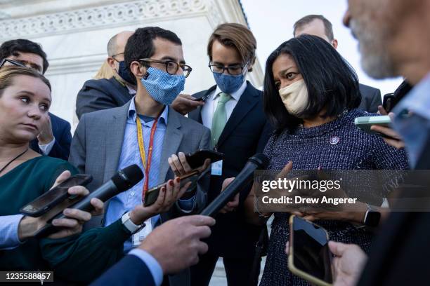 Rep. Pramila Jayapal speaks to reporters as she leaves the U.S. Capitol on September 29, 2021 in Washington, DC. With a federal government shutdown...