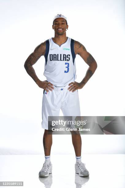 Trey Burke of the Dallas Mavericks poses for a portrait during NBA media Day on September 28, 2021 at American Airlines Center in Dallas, Texas. NOTE...