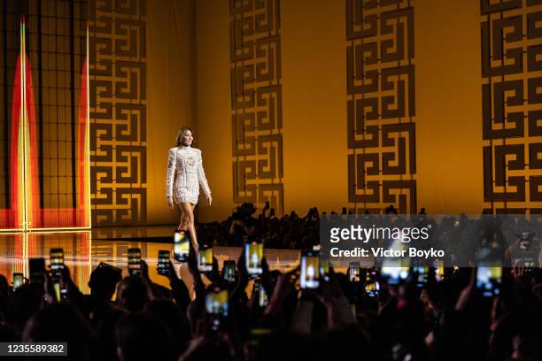 Carla Bruni walks the runway during the Balmain Festival V02 Womenswear Spring/Summer 2022 show as part of Paris Fashion Week at La Seine Musicale on...