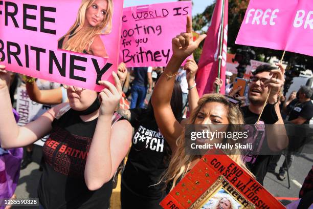 Los Angeles, CA. September 29, 2021: Britney Spears fans rally outside the courthouse before the announcement that Britney Spears father, Jamie...