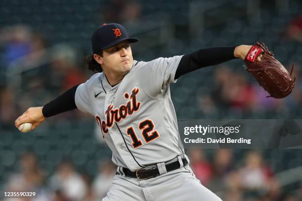 Casey Mize of the Detroit Tigers delivers a pitch against the Minnesota Twins in the first inning at Target Field on September 29, 2021 in...