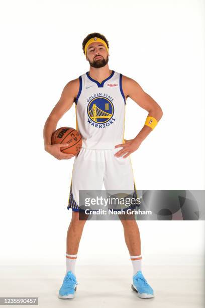 Klay Thompson of the Golden State Warriors poses for a portrait during NBA media day on September 27, 2021 at Chase Center in San Francisco,...