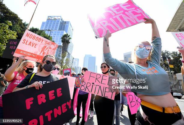 Los Angeles, CA. September 29, 2021: Britney Spears fans rally outside the courthouse before the announcement that Britney Spears father, Jamie...