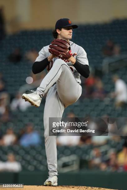 Casey Mize of the Detroit Tigers delivers a pitch against the Minnesota Twins in the first inning at Target Field on September 29, 2021 in...