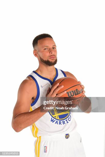 Stephen Curry of the Golden State Warriors poses for a portrait during NBA media day on September 27, 2021 at Chase Center in San Francisco,...