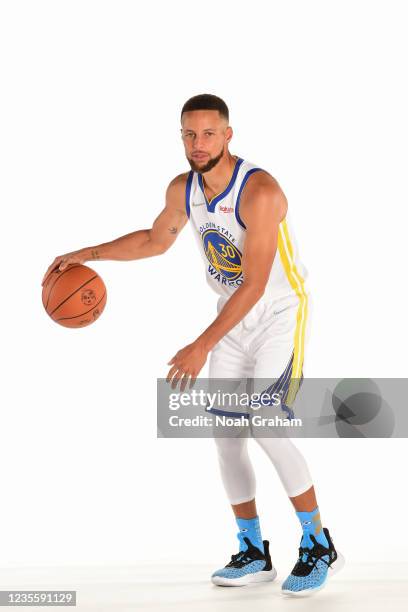 Stephen Curry of the Golden State Warriors poses for a portrait during NBA media day on September 27, 2021 at Chase Center in San Francisco,...