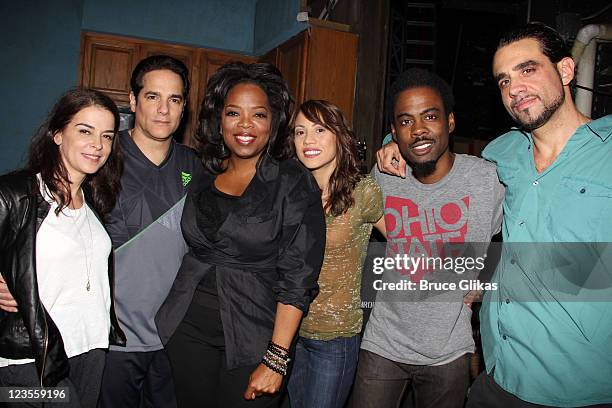 Annabella Sciorra, Yul Vazquez, Oprah Winfrey, Elizabeth Rodriguez, Chris Rock and Bobby Cannavale pose backstage at the hit play "The Motherf**ker...