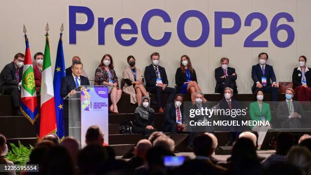 Italy's Prime Minister, Mario Draghi addresses the Pre-COP 26 summit at the Milan Conference Centre, MiCO, on September 30, 2021. - Each Conference...