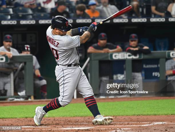 Cleveland Indians left fielder Harold Ramirez singles in the second inning during a Major League Baseball game between the Cleveland Indians and the...