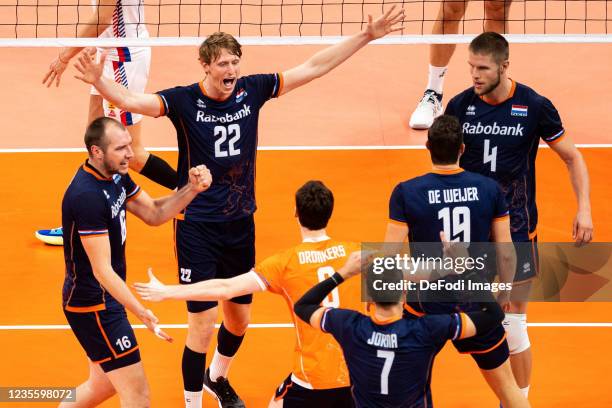 Players of Netherlands celebrate during the Quarter Final CEV European Championship Eurovolley 2021 Match between Netherlands and Serbia at ERGO...