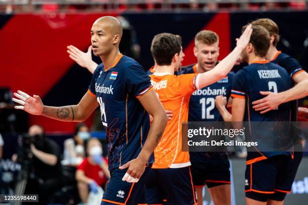 Nimir Abdel Aziz of Netherlands gestures during the Quarter Final CEV European Championship Eurovolley 2021 Match between Netherlands and Serbia at...