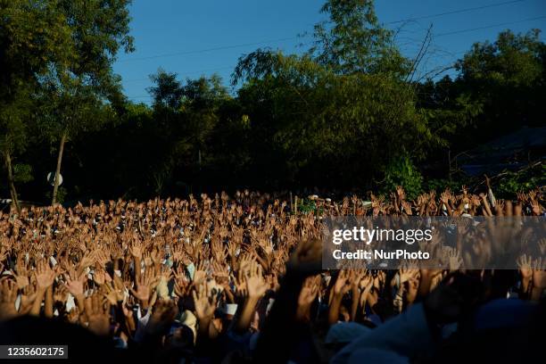 Rohingya people attend the funeral of Rohingya leader Mohibullah in kutupalang refugee camp in Coxs bazaar, Bangladesh on September 30,2021