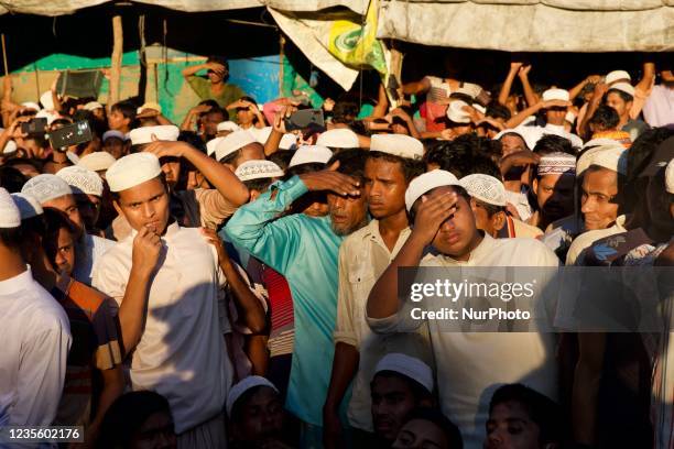 Rohingya people attend the funeral of Rohingya leader Mohibullah in kutupalang refugee camp in Coxs bazaar, Bangladesh on September 30,2021