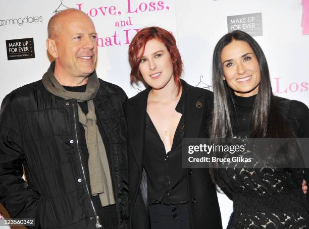 Bruce Willis, daughter Rumer Willis and Demi Moore pose at the "Love, Loss & What I Wore" new cast member celebration at B Smith's Restaurant on...