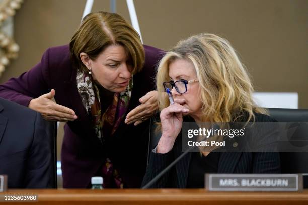 Sen. Amy Klobuchar , left, and Sen. Marsha Blackburn speak before a Senate Commerce, Science and Transportation Subcommittee on Consumer Protection,...