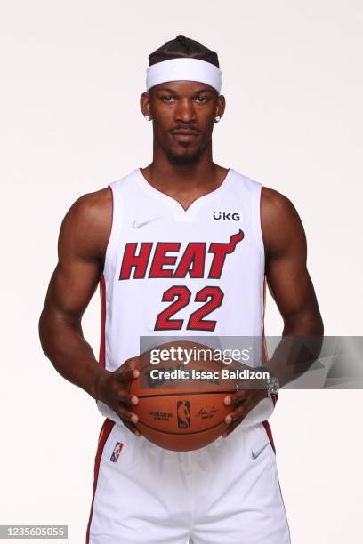 Jimmy Butler of the Miami Heat poses for a portrait during NBA Media Day on September 27, 2021 at FTX Arena in Miami, Florida. NOTE TO USER: User...