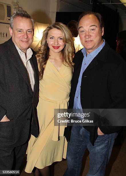 Director Doug Hughes, Nina Arianda and James Belushi pose at the "Born Yesterday" Broadway Cast Photocall at the Roundabout Theatre Company Rehearsal...