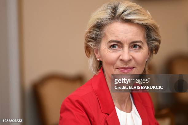 President of the European Commission Ursula von der Leyen reacts as she attends a meeting with chairman of Bosnia and Herzegovina's tripartite...