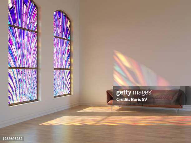 large living room with stained glass - vidriera de colores fotografías e imágenes de stock