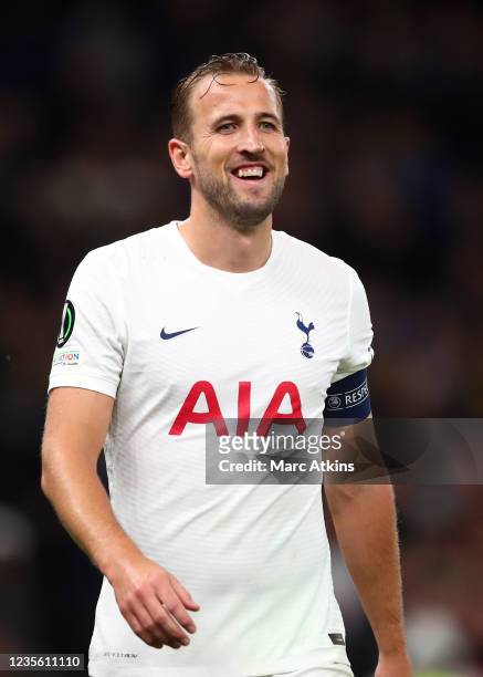 Harry Kane of Tottenham Hotspur celebrates scoring the 4th goal during the UEFA Europa Conference League group G match between Tottenham Hotspur and...