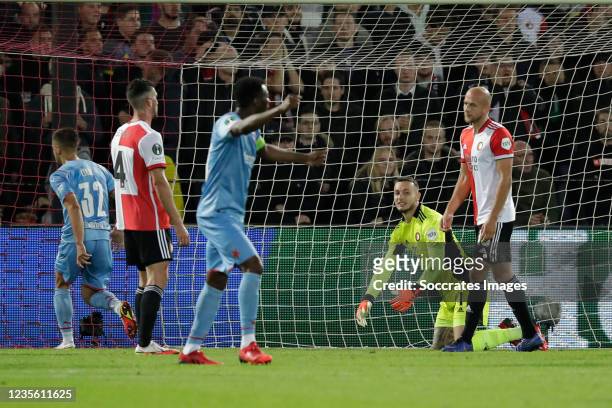Justin Bijlow of Feyenoord can not stop goal scored by Tomas Holes of Slavia Prague during the Conference League match between Feyenoord v Slavia...