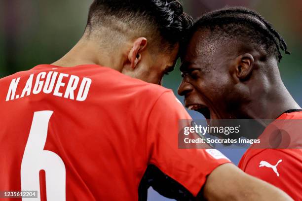 Kamaldeen Sulemana of Stade Rennes celebrates 1-2 with Nayef Aguerd of Stade Rennes during the Conference League match between Vitesse v Rennes at...