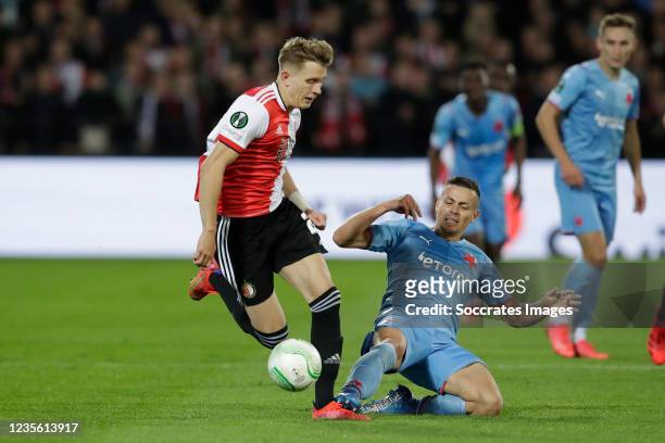 Marcus Pedersen of Feyenoord, Tomas Holes of Slavia Prague during the Conference League match between Feyenoord v Slavia Prague at the Stadium...