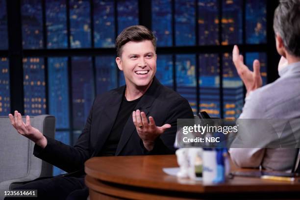 Episode 1201A -- Pictured: Actor/comedian Colin Jost during an interview with host Seth Meyers on September 30, 2021 --