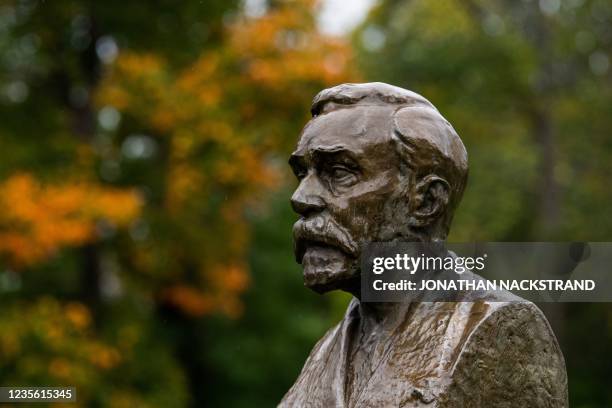 Bust of Alfred Nobel is pictured outside Bjoerkborn Manor, where Nobel lived during the summer periods of the last years of his life, in Karlskoga,...