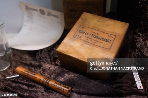 Package of Nobels Extradynamit is displayed at the laboratory of Alfred Nobel, where powder trials and experiments with artificial rubber and...