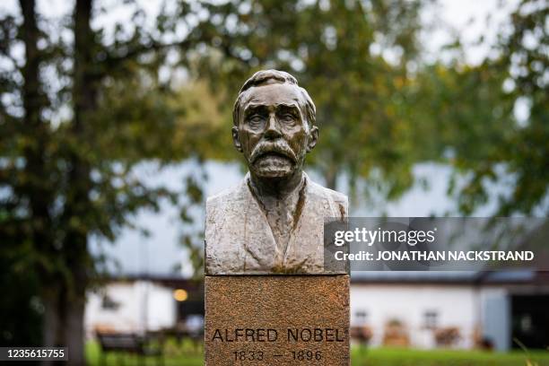 Bust of Alfred Nobel is pictured outside Bjoerkborn Manor, where Nobel lived during the summer periods of the last years of his life, in Karlskoga,...