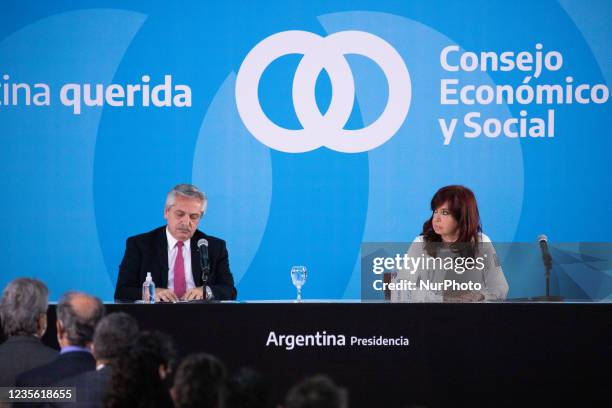 Argentina's President Alberto Fernandez and Vice President Cristina Fernandez de Kirchner attend a ceremony to announce new agro-economic measures...