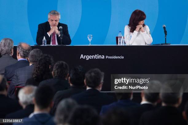 Argentina's President Alberto Fernandez and Vice President Cristina Fernandez de Kirchner attend a ceremony to announce new agro-economic measures...